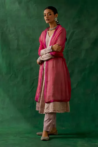 Embroidered zari silk anarkali, cotton glaze pants, and katan silk dupatta in pink