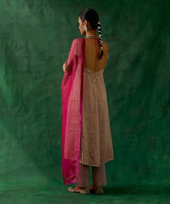 Embroidered zari silk anarkali, cotton glaze pants, and katan silk dupatta in pink 3