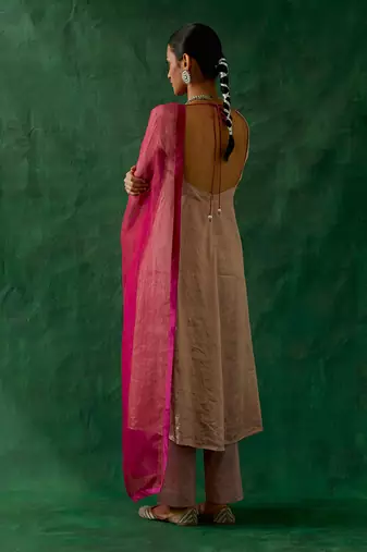 Embroidered zari silk anarkali, cotton glaze pants, and katan silk dupatta in pink