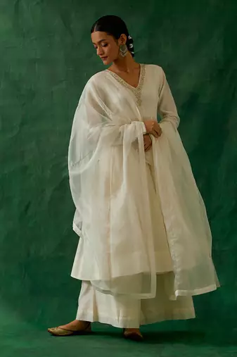 Embroidered chanderi handloom anarkali and palazzo & katan silk dupatta