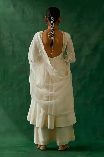 Embroidered chanderi handloom anarkali and palazzo & katan silk dupatta