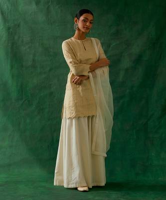Zari silk short kurta with scalloping details, chanderi handloom sharara, katan dupatta 1