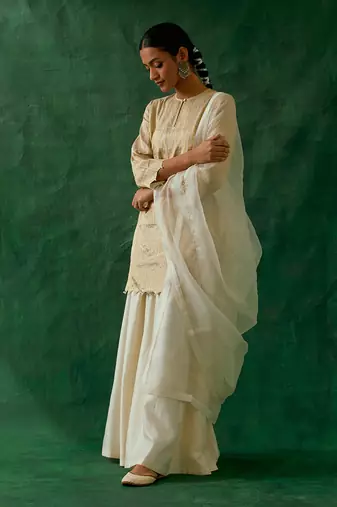 Zari silk short kurta with scalloping details, chanderi handloom sharara, katan dupatta
