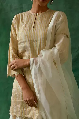 Zari silk short kurta with scalloping details, chanderi handloom sharara, katan dupatta