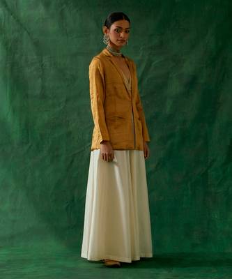 Gold zari silk jacket and crop top with chanderi handloom flared palazzo 1