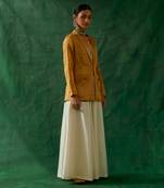 Gold zari silk jacket and crop top with chanderi handloom flared palazzo