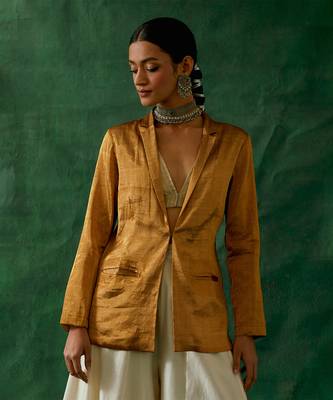 Gold zari silk jacket and crop top with chanderi handloom flared palazzo 2