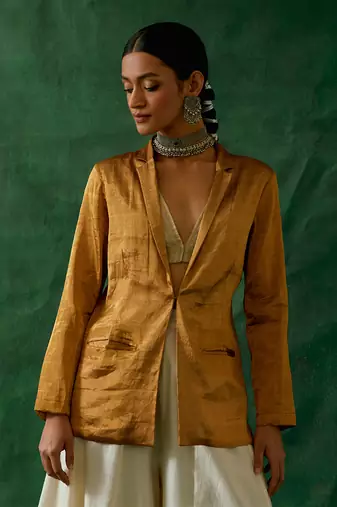 Gold zari silk jacket and crop top with chanderi handloom flared palazzo