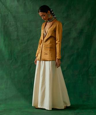 Gold zari silk jacket and crop top with chanderi handloom flared palazzo 3