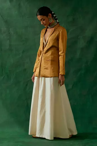 Gold zari silk jacket and crop top with chanderi handloom flared palazzo