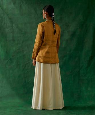 Gold zari silk jacket and crop top with chanderi handloom flared palazzo 4