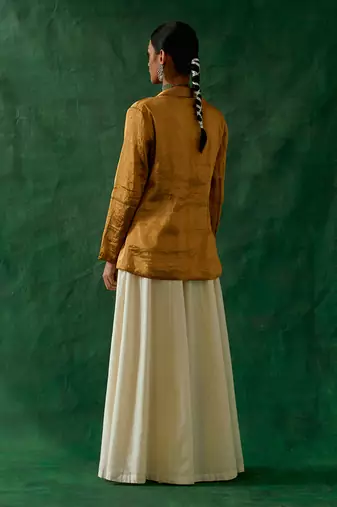 Gold zari silk jacket and crop top with chanderi handloom flared palazzo