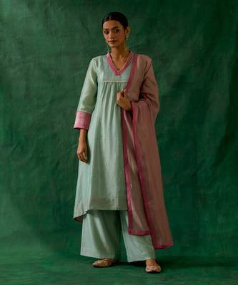 Chanderi handloom high low kurta with palazzo in mint green, light pink chanderi dupatta 1