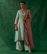 Chanderi handloom high low kurta with palazzo in mint green, light pink chanderi dupatta