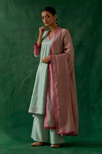 Chanderi handloom high low kurta with palazzo in mint green, light pink chanderi dupatta