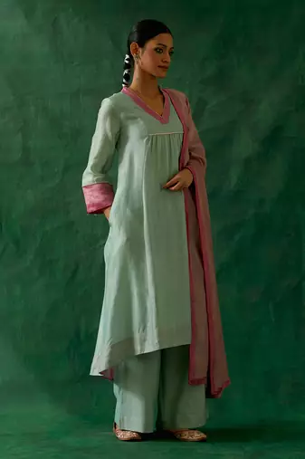 Chanderi handloom high low kurta with palazzo in mint green, light pink chanderi dupatta