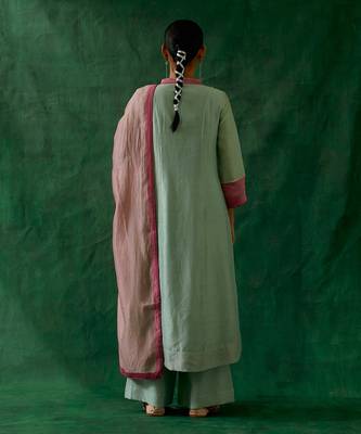 Chanderi handloom high low kurta with palazzo in mint green, light pink chanderi dupatta 4