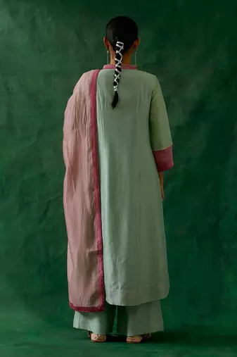 Chanderi handloom high low kurta with palazzo in mint green, light pink chanderi dupatta