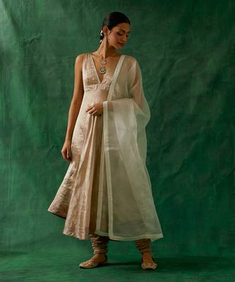Anarkali kurta in beige goldzari silk, cotton churidaar with embroidered katan dupatta 1