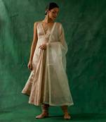 Anarkali kurta in beige goldzari silk, cotton churidaar with embroidered katan dupatta