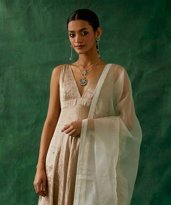 Anarkali kurta in beige goldzari silk, cotton churidaar with embroidered katan dupatta 2
