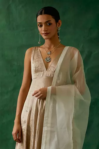Anarkali kurta in beige goldzari silk, cotton churidaar with embroidered katan dupatta