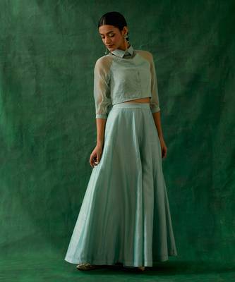Mint green zari crop top with chanderi flored palazzo 1