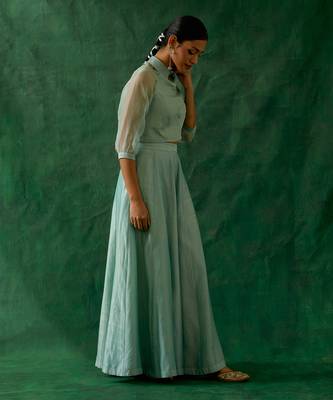 Mint green zari crop top with chanderi flored palazzo 2