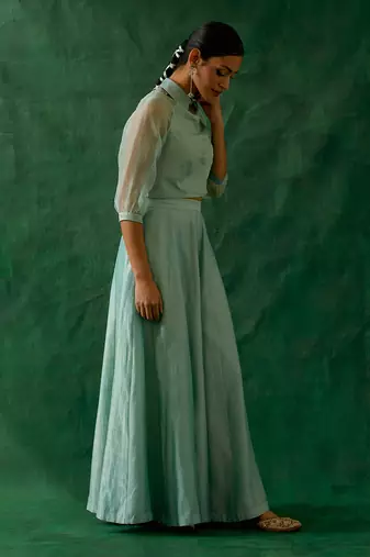 Mint green zari crop top with chanderi flored palazzo