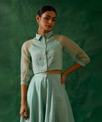 Mint green zari crop top with chanderi flored palazzo 3