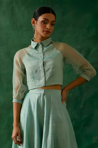 Mint green zari crop top with chanderi flored palazzo