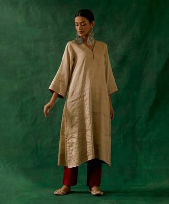 Beige gold kaftan kurta in zari silk with chanderi pants 1