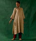 Beige gold kaftan kurta in zari silk with chanderi pants