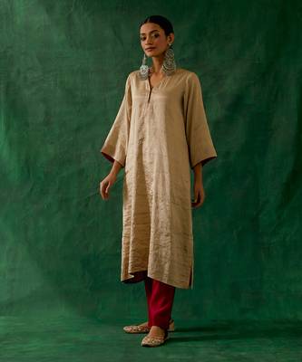 Beige gold kaftan kurta in zari silk with chanderi pants 2