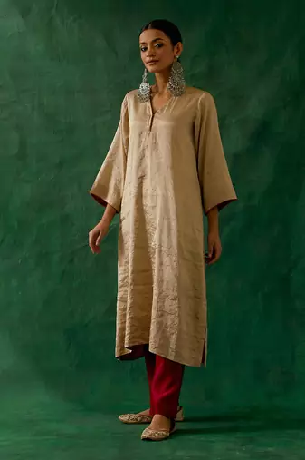Beige gold kaftan kurta in zari silk with chanderi pants