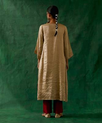 Beige gold kaftan kurta in zari silk with chanderi pants 3