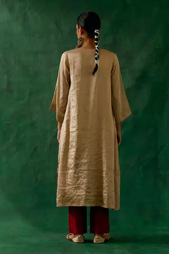 Beige gold kaftan kurta in zari silk with chanderi pants