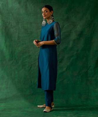High slit kurta with embroidered lace & pants in teal blue chanderi handloom 1