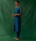 High slit kurta with embroidered lace & pants in teal blue chanderi handloom