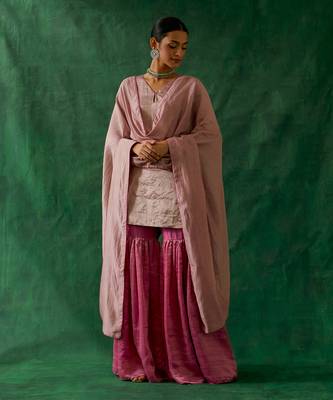 Zari silk short kurta with chanderi handloom dupatta and gharara 1