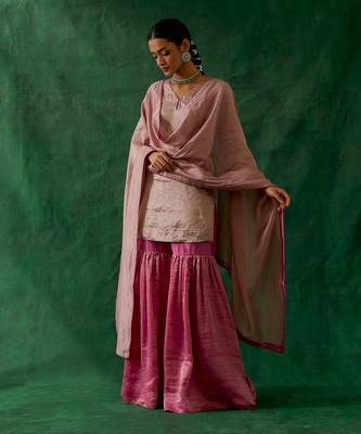 Zari silk short kurta with chanderi handloom dupatta and gharara 2