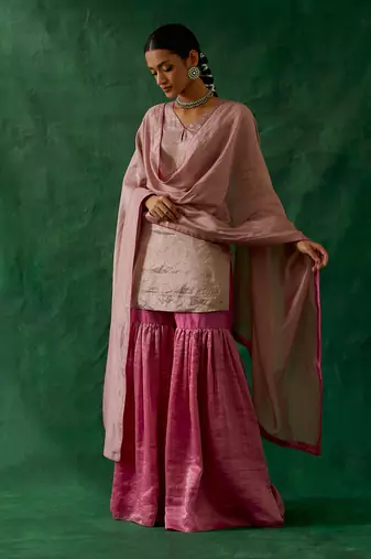 Zari silk short kurta with chanderi handloom dupatta and gharara