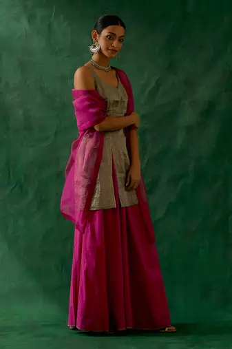 Black zari silk kurta, with cotton sharara & katan dupatta
