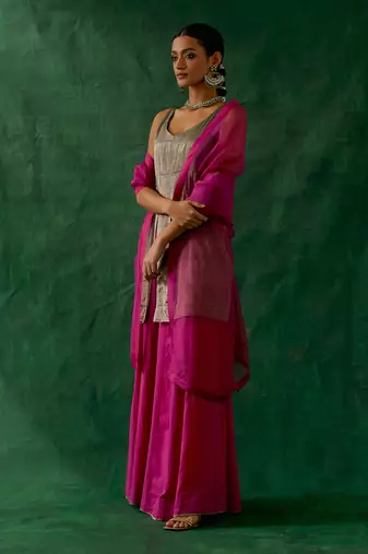 Black zari silk kurta, with cotton sharara & katan dupatta