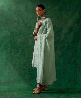 Panelled a-line zari silk kurta in mint with embroidered salwar in pink cotton glaze & chanderi handloom dupatta 2