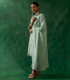 Panelled a-line zari silk kurta in mint with embroidered salwar in pink cotton glaze & chanderi handloom dupatta