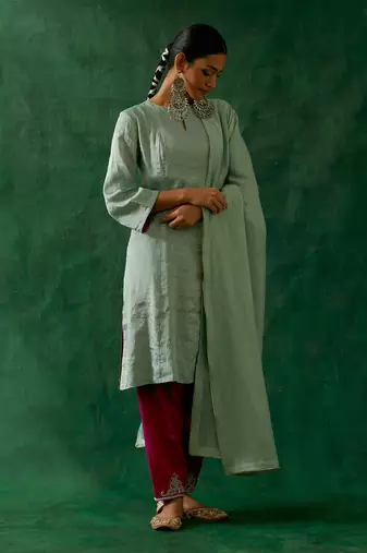 Panelled a-line zari silk kurta in mint with embroidered salwar in pink cotton glaze & chanderi handloom dupatta