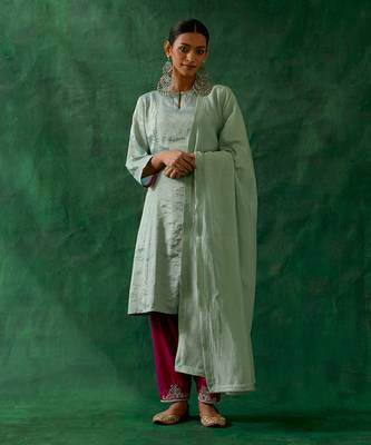 Panelled a-line zari silk kurta in mint with embroidered salwar in pink cotton glaze & chanderi handloom dupatta 1