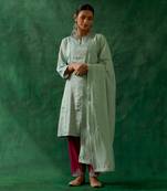 Panelled a-line zari silk kurta in mint with embroidered salwar in pink cotton glaze & chanderi handloom dupatta
