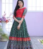 Indiatellme Green Dola Silk Gown with Patola Designer Foil Print and Short Sleeves for Festive & Occasion Wear